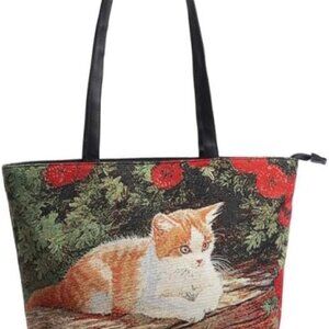 Luxurious Pebbled Leather Cat Tote - Lightweight 15L Floral Work Bag for Women